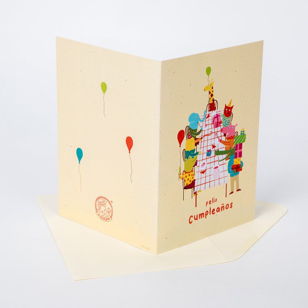 Tarjeta "Feliz cumpleaños" Animales en mesa