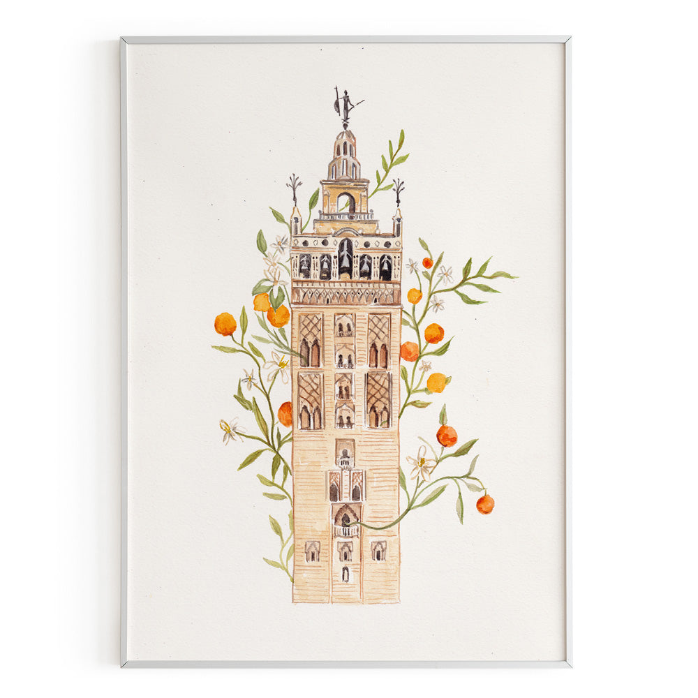 Lámina 'Giralda con naranjas y flores'