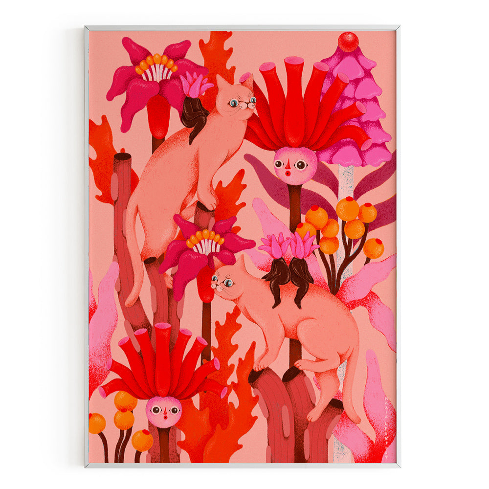 Lámina Flores y Gatos rosas