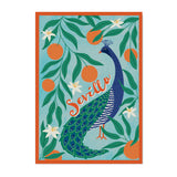 Pavo real con naranjas