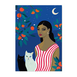 Mujer con gatos y naranjas