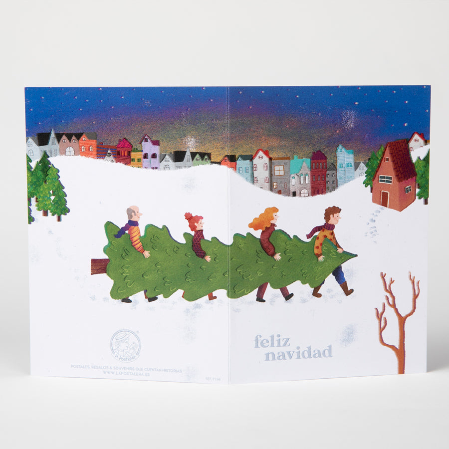 Tarjetón familia con árbol de Navidad