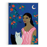 Mujer con gatos y naranjas